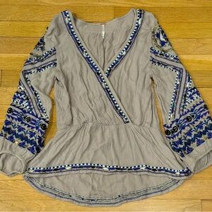 Anthropologie Free People Gray Beaded Embroidered Peasant Wrap Top XS